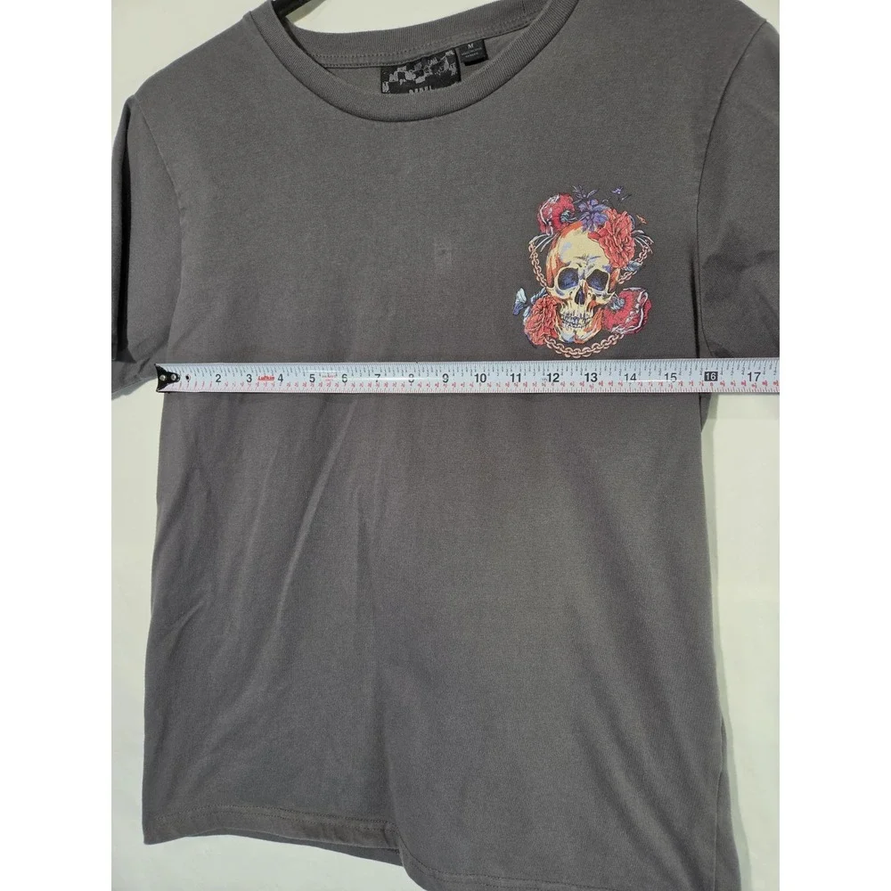 Unisex Rebel Vengeance Skull Floral Graphic T-Shirt M Charcoal Grey Embroidered